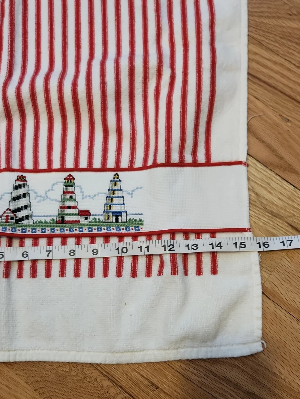 Striped Red & White Kitchen Towel with Embroidered Lighthouses Handmade